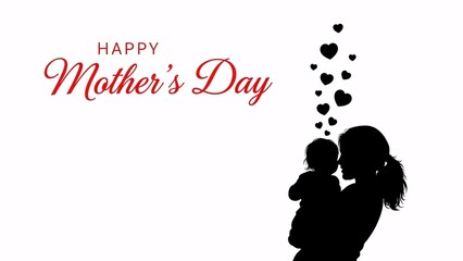 Mother's day greeting card with silhouette of mother and child surrounded by hearts with Mother s Day and love and family and holiday and celebration