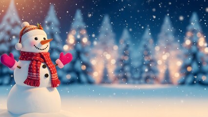 A cheerful snowman in a snowy forest with christmas trees
