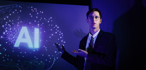 Ai using. Business team discussing and using artificial intelligence technology or Ai assistant. Futuristic innovation AI technology collaboration and ideas for future. Business Tech Startup meeting.