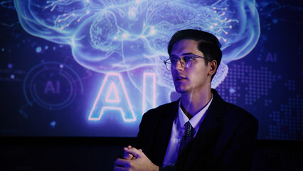 Ai using. Business team discussing and using artificial intelligence technology or Ai assistant. Futuristic innovation AI technology collaboration and ideas for future. Business Tech Startup meeting.