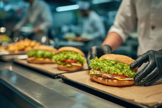 Fresh fast food sandwiches being prepared