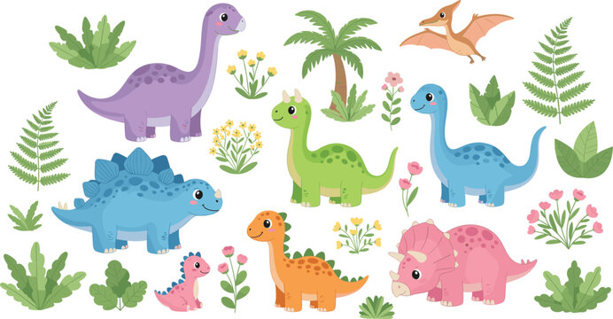 Cute Dinosaur Character Set with Colorful Baby Dinosaurs, Tropical Plants, and Prehistoric Nature Elements Cartoon Vector Illustration