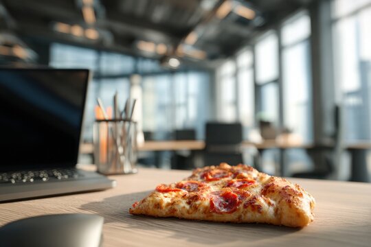 Fresh pizza on office desk with laptop