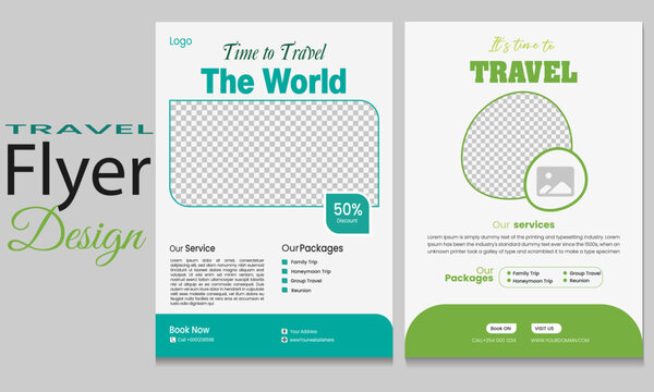 Travel Agency Flyer Template with Green Accents and Photo Placeholders.