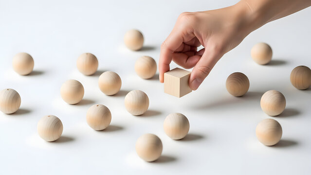 Elevate your brand with a unique perspective, symbolized by a hand placing a distinct cube among spheres, showcasing innovation and differentiation today.