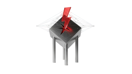 A 3D rendering of a red lightning bolt striking a gray table with a geometric network in the background on a black background