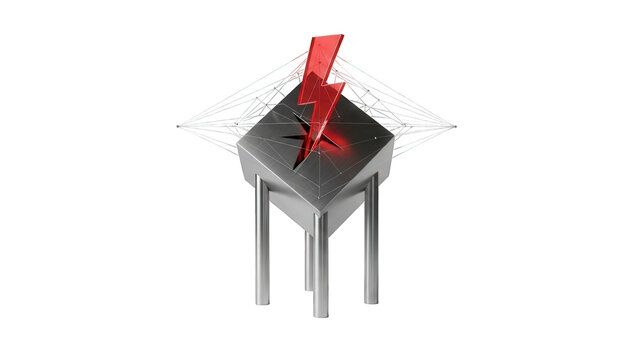 A 3D rendering of a red lightning bolt striking a gray table with a geometric network in the background on a black background - Powered by Adobe