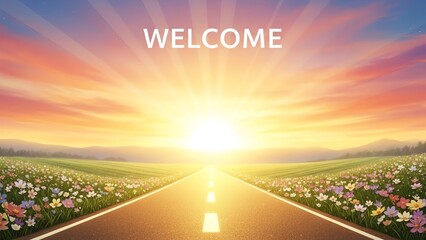 Road leading to sunrise over flower field