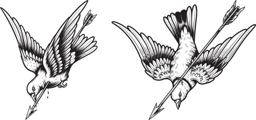 Obraz premium Tragic illustration of a bird pierced by an arrow in traditional vintage engraving style