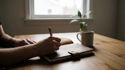 Hands writing in leather journal with coffee on wooden table
