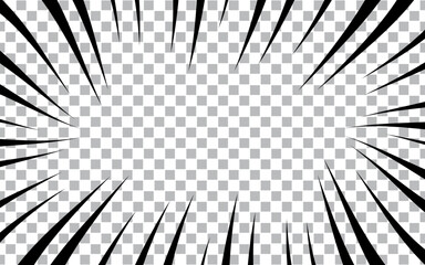 Anime manga action frame lines. Abstract explosion template with speed lines on a transparent background. Radial lines of movement.