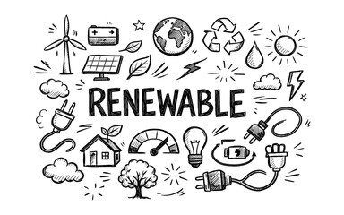 Obraz premium Doodle illustration of renewable energy concepts with the word renewable prominently displayed
