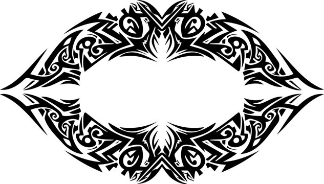 A black and white tribal style illustration of lips with an ornate design silhouette