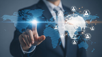 Businessman interacting with global digital network and communication system, connecting world map and user icons for international business and technology