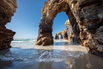 Coastal archway, ocean waves, and rocky shore