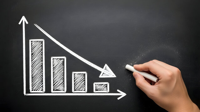 Illustrative depiction of a downward trending bar graph on a blackboard, symbolizing financial loss and market downturn, drawn with chalk to show a declin.