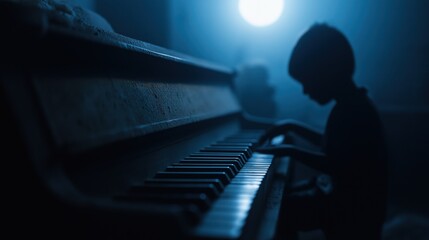Child silhouette playing piano in moonlight