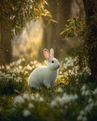 A white rabbit sitting in a lush green meadow filled with blooming snowdrops and crocuses.