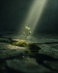 Conceptual image of a young sapling growing out of a cracked stone, illuminated by a single beam of light. 