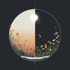 Conceptual representation of Spring Equinox. A perfect circle split vertically into day and night.