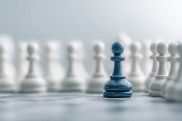 A single dark-blue chess piece stands out amidst a multitude of white pieces