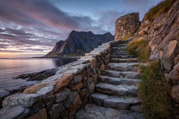 Coastal stone stairs at sunset