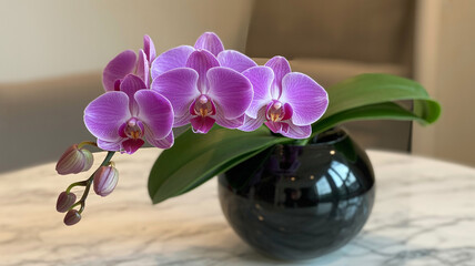 Vibrant purple orchid blooms elegantly arranged in a glossy black vase on a marble table