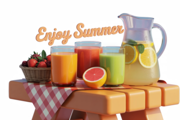 Refreshing summer drinks and fresh fruit served outdoors on transparent background