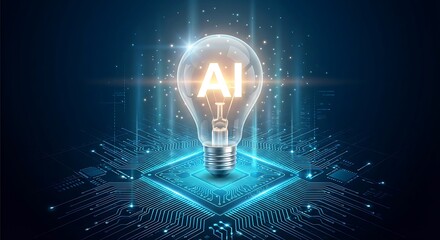 Innovative AI concept with glowing lightbulb on circuit board background