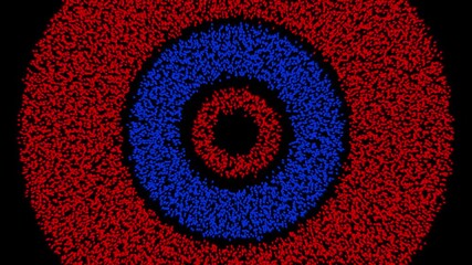 Abstract red and blue glowing digital particles forming concentric circles target pattern on black background - Powered by Adobe