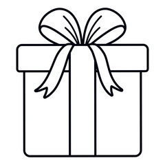 Minimal line art illustration of a gift box with ribbon bow. Clean festive icon for holiday designs, coloring pages, greeting cards, packaging, stickers, crafts, decor. Hand drawn. Vector. Isolated.