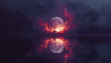 A vibrant, otherworldly moonlit sky reflected in a calm body of water