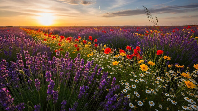 Vibrant wildflower field at sunset with purple lavender red poppies yellow and white flowers in a serene natural landscape with wildflowers and meadow - Powered by Adobe