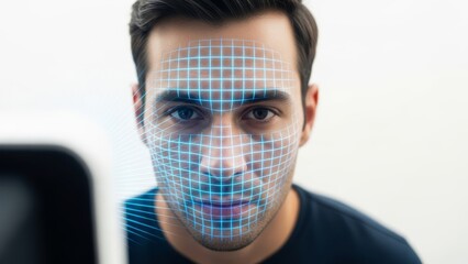 Man's face scanned by a facial recognition system, highlighting digital security and biometric technology
