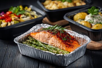 Healthy food in foil containers