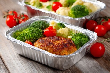Healthy food in foil containers