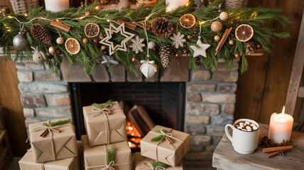 Beautifully decorated christmas fireplace with garland, presents, and warm hot chocolate