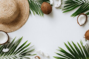 Tropical summer frame with straw hat and coconuts