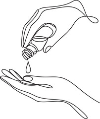 Obraz premium Minimalist Continuous Line Art Hands Pouring Oil from Small Bottle