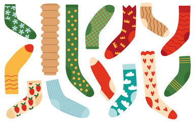 Socks, leg warmers and knee-highs set. Winter knitted socks, leg warmers and knee-highs flat vector set