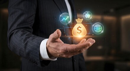 Person holding glowing icons representing finance, investment, and global business success in a dark setting.
