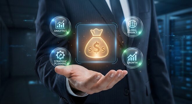Person holding glowing icons representing finance, growth, and strategic planning in a modern data center. - Powered by Adobe