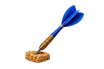 Blue dart piercing a cork base, representing focus, precision, strategy, and hitting a specific target or objective. Transparent background