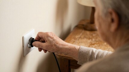 Close up of elderly person's hand plugging electrical appliance cord into wall socket