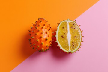 Kiwano and horned melon on pink background