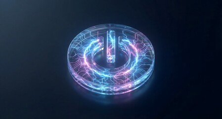 Glowing power button symbol with electric circuit lines on dark background represents energy and technology.