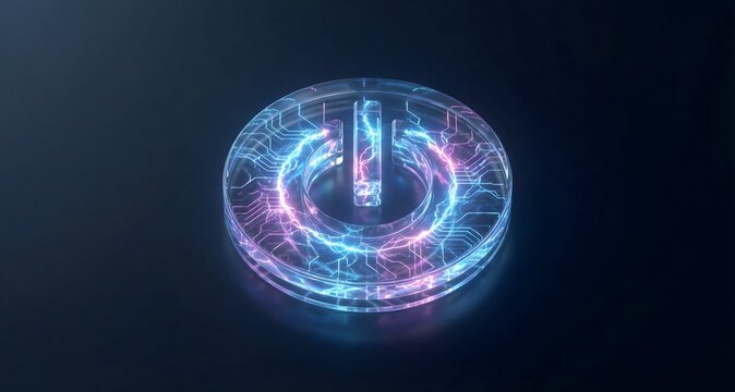 Glowing power button symbol with electric circuit lines on dark background represents energy and technology. - Powered by Adobe