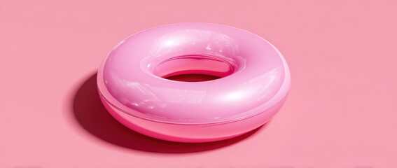 A glossy pink donut on a pink background