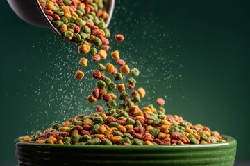 Pet food pouring into green bowl