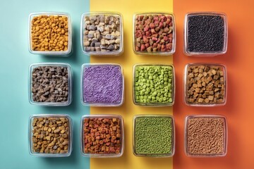 Pet food in open containers on background